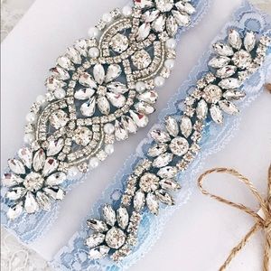 NEW Blue Gemmed Garter and Toss Garter Set